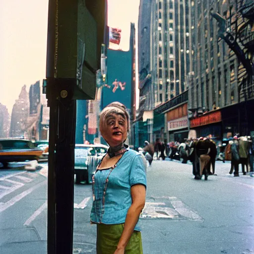 Prompt: analog street photography portrait in new york, 1 9 6 0 s, dawn, photographed on ektachrome film, photographed on expired film