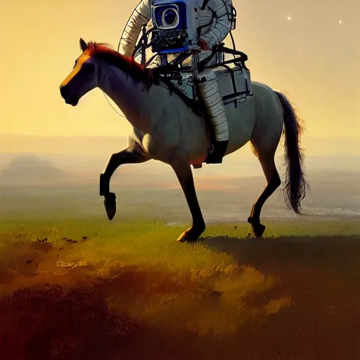 Image similar to a horse on top of a man, the astronaut is carried by the horse, hyperrealism, no blur, 4 k resolution, ultra detailed, style of ron cobb, adolf hiremy - hirschl, syd mead, ismail inceoglu, rene margitte