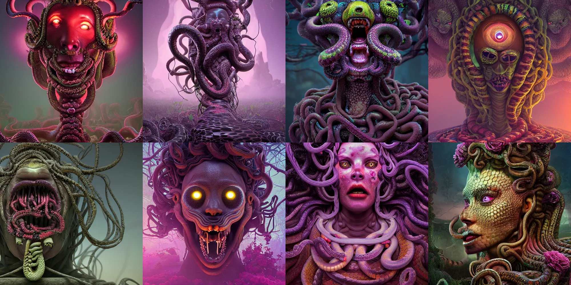 Prompt: beautiful scary dark medusa gorgon gaze head, highly detailed snakes, beautiful flowers, beautiful dark creepy landscape, in the style of beeple and mike winkelmann, intricate, epic lighting, cinematic composition, hyper realistic, 8 k resolution, unreal engine 5, raytracing, ultraviolet colors,