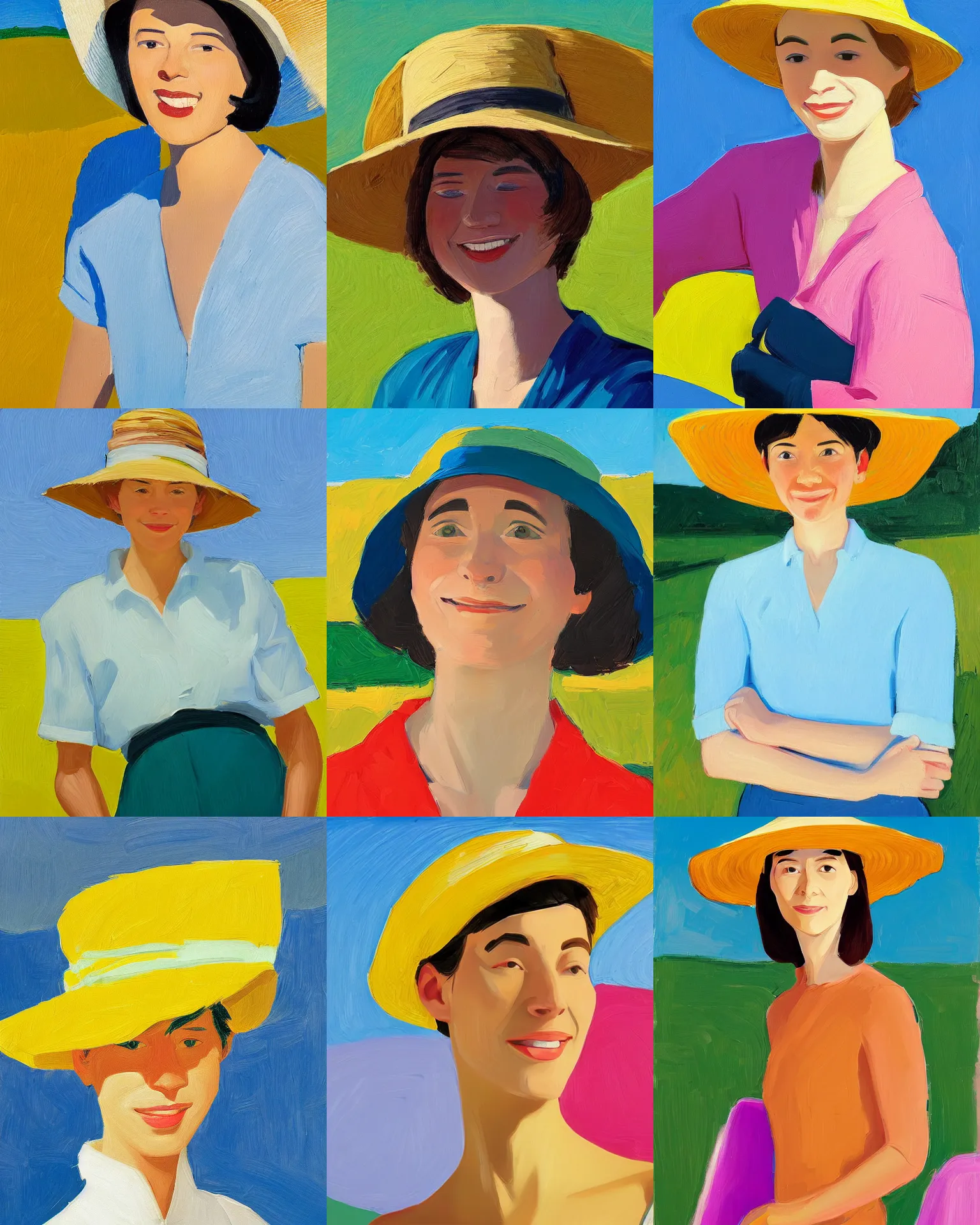 Image similar to portrait of a smiling young woman with sun hat, short hair, light background, colorful, peaceful, by alex katz, close up