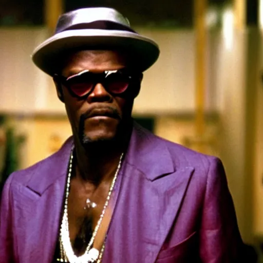 Image similar to a film still of Samuel L. Jackson dressed as a Pimp in a 1970s Blaxploitation film, 40mm lens, shallow depth of field, split lighting, cinematic