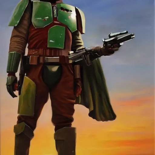 Image similar to Boba Fett staring at his bounty target from a distance, oil painting