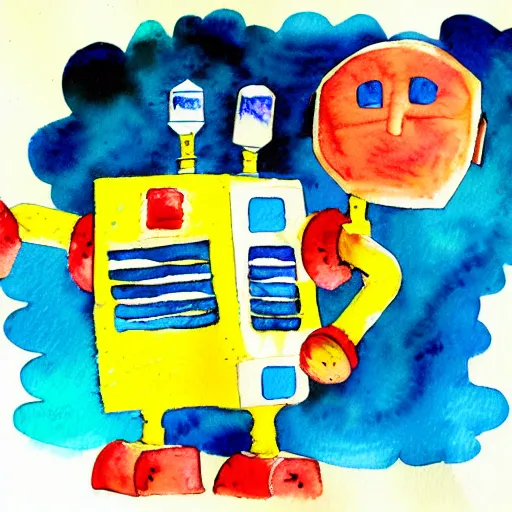 Prompt: a children's book watercolor illustration of a broken robot