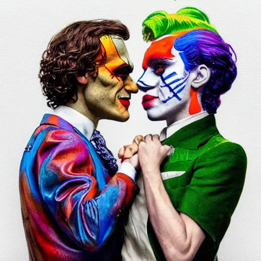 Image similar to ilya yefimovich repin and mimmo rottela as joaquin phoenix skinny joker holding hand lady gaga harley queen, ultra photorealistic, intricate details, pop art style, concept art, confident posse, random object details, 3 colours, warm color, 4 k, ultra smooth, sharp focus