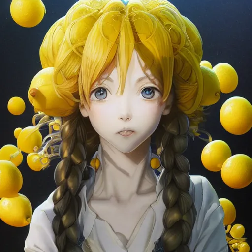 Image similar to the portrait of an absurdly beautiful, graceful, elegant, sophisticated, young teen anime girl made up of lemons looking up, an ultrafine hyperdetailed illustration by kim jung gi, irakli nadar, intricate linework, bright colors, octopath traveler, final fantasy, unreal engine 5 highly rendered, global illumination, radiant light, detailed and intricate environment