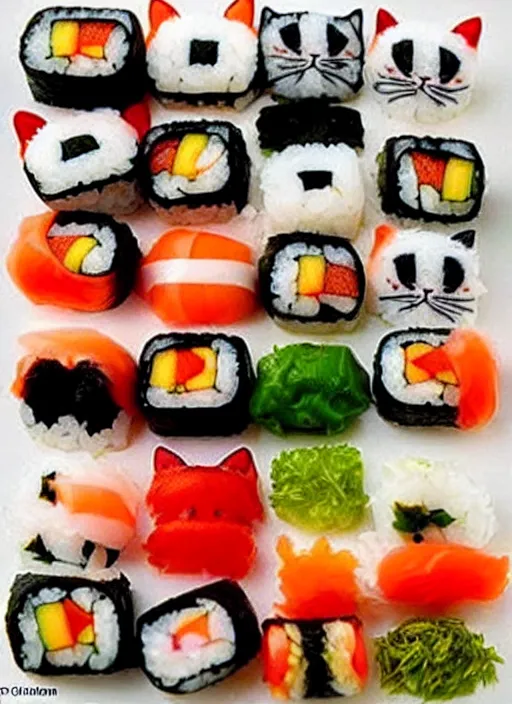 Image similar to clear photorealistic picture of adorable cats made out of sushi