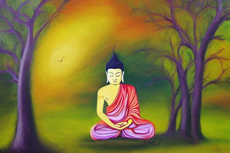 Prompt: painting of a peaceful buddha meditating under a tree, acrylic art, calm, soothing, cosy, elegant, soft light,