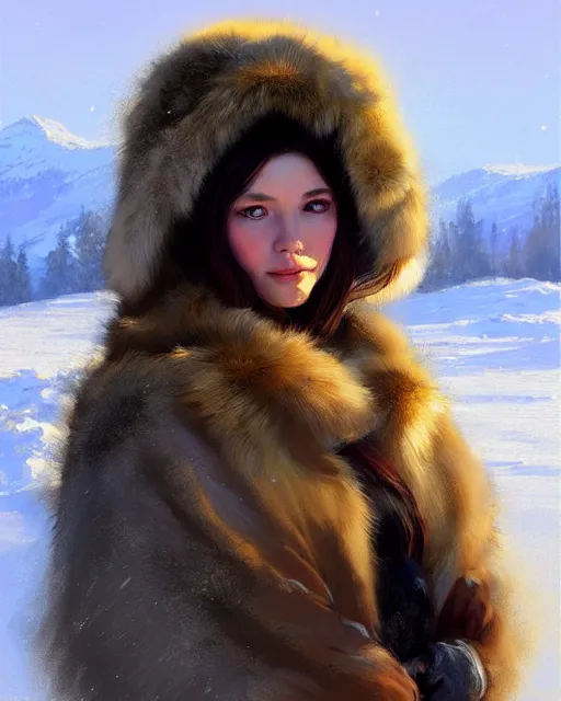 Image similar to a beautiful siberian girl with bear fur coat and neckline | | winter, realistic shaded, unpleasant face, bad looking, fine details, realistic shaded lighting poster by greg rutkowski, magali villeneuve, artgerm, jeremy lipkin and michael garmash and rob rey