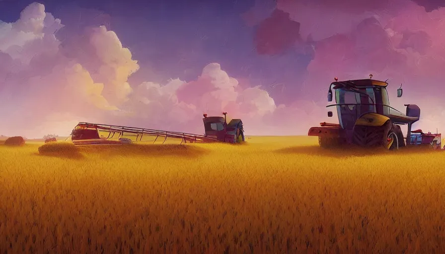 Prompt: colourful sky, wheat field, combine harvester, big trees, matte painting, art station, digital art, simon stalenhag