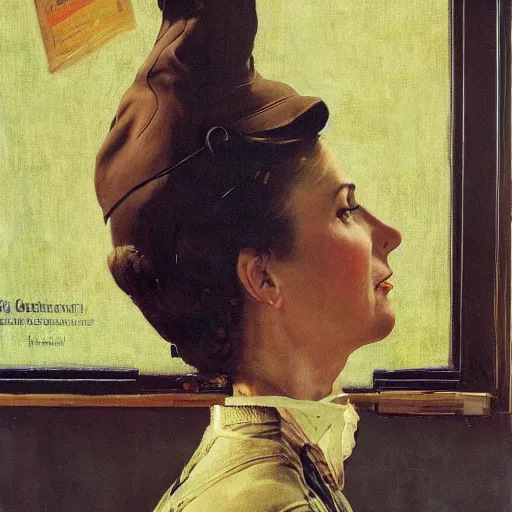 Image similar to head and legs portrait of woman, fierce, fully clothed, three quarter profile, norman rockwell, jacob collins, tom lovell, frank schoonover