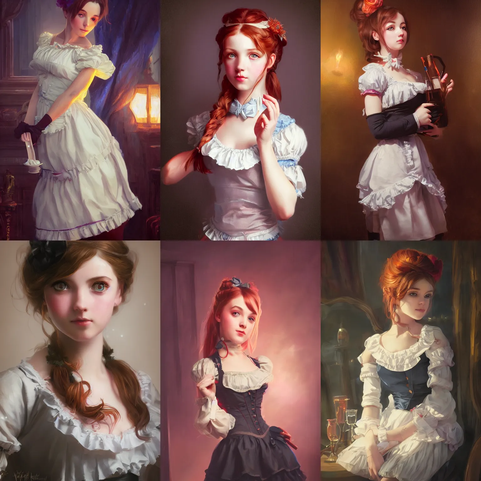 Prompt: a portrait of a cute young french maid, victorian setting, vivid colors, soft lighting, atmospheric, cinematic, moody, in the style of artgerm and greg rutkowski, oil on canvas, 8 k