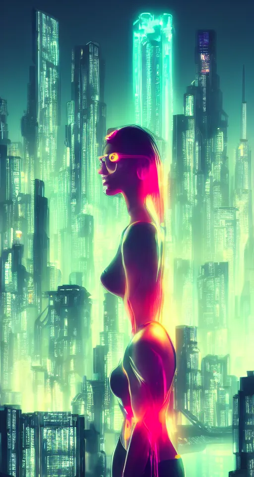 Prompt: Portrait of a beautiful cyberpunk women, trending on artstation, city skyline on background, neon lights, glow, sunset, crystal color, 4k