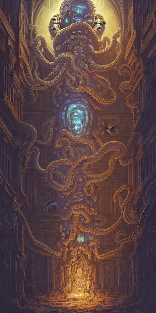 Prompt: high ranked mage with big octopus head and a lot of translucent jellyfishes floating around inside an ancient mage castle hall colossal scale, gothic and baroque, brutalist architecture, ultradetailed, Intricate by Ellen Jewett and Josan Gonzalez and Giuseppe Arcimboldo