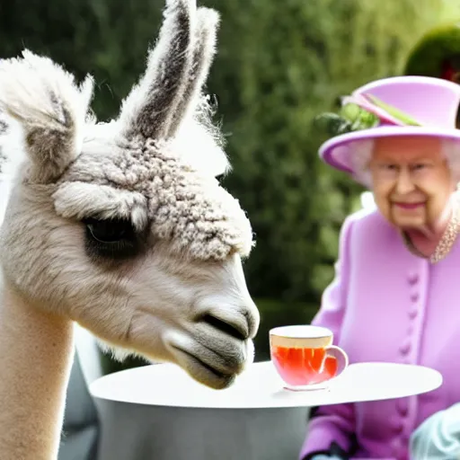 Prompt: a llama having tea with the queen, 8k, award winning photo