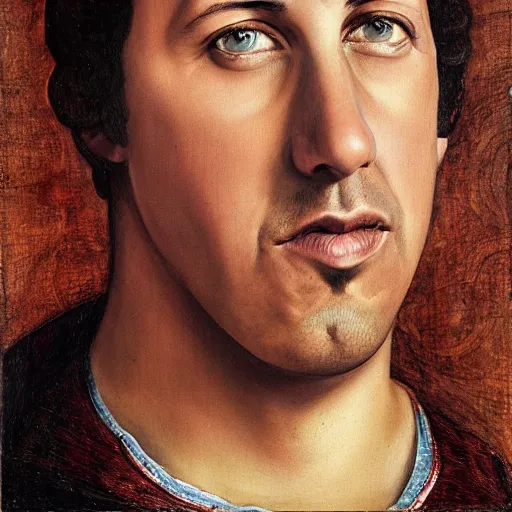 Prompt: Adam Sandler portrait, by Quirizio di Giovanni da Murano, behance, romanesque, da vinci, detailed painting, academic art