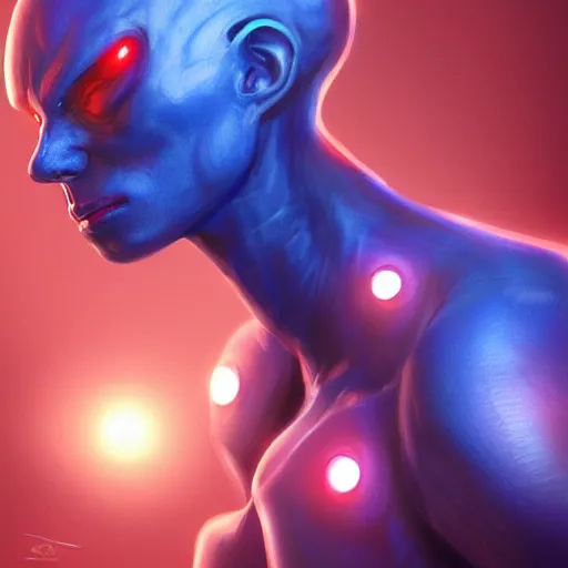 Prompt: Portrait of a tall blue alien, red glowing eyes, hairless, futuristic biosuit, intricate, cinematic lighting, highly detailed, digital painting, artstation, concept art, smooth, sharp focus, illustration, art by Artgerm and Cgsociety