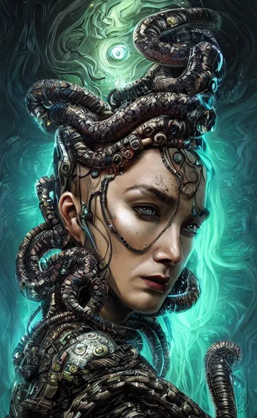 Prompt: highly detailed and intricate HD mixed media digital art of an epic fantasy comic book style portrait painting of a very beautiful and intimidating nebulapunk Medusa with symmetrical facial features and lots of cyberpunk and cybernetic bio-luminiscent snakes as hair, awesome pose, centered, full body, vibrant dark mood, unreal 5, hyperrealistic, octane render, cosplay, RPG portrait, Sci-fi, arthouse, dynamic lighting, intricate detail, cinematic, HDR digital painting, 8k resolution, enchanting, otherworldly, sense of awe, award winning picture, Hyperdetailed, blurred background, airbrush, backlight, 3d rim light, Gsociety, trending on ArtstationHQ, maximalist, dreamscape, Rococo, surreal dark art, iridiscent accents, Bokeh, cosmic horror, lovecraftian inspiration, very accurately symmetrical portrait