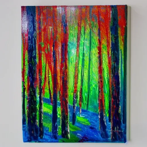 Image similar to paint drip of a forest with green, blue, red tree trunks. acrylic of canvas, impressionist painting