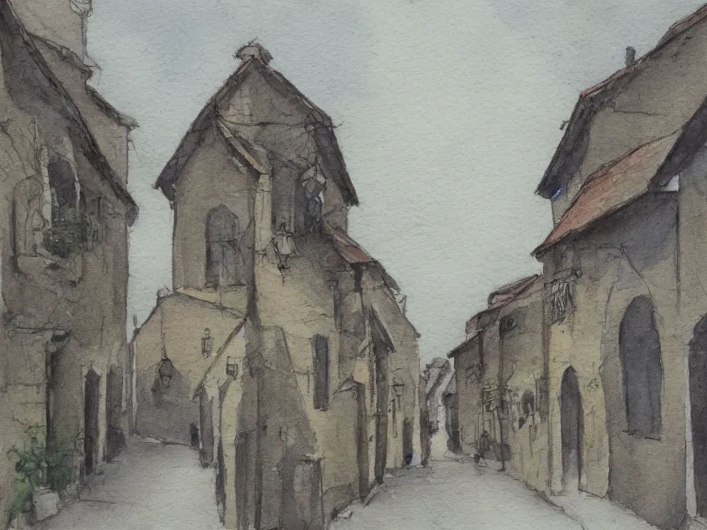 Prompt: a street in a old small village, pencil and watercolor, detailed