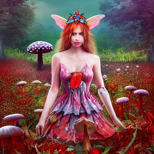 Image similar to a very cute faerie queen in a amanatia muscaria mushroom field, photorealistic digital art, hyper detailed