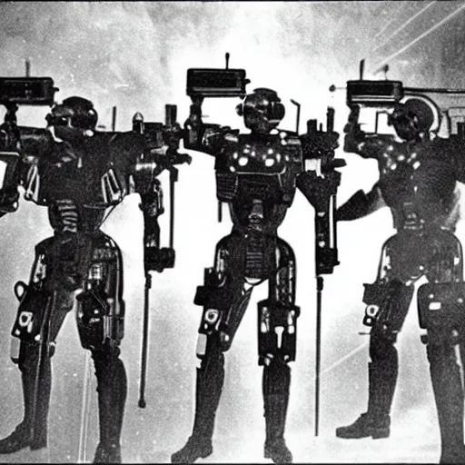 Image similar to grainy 1800s photo of a cybernetic warriors shooting humans with laser weapons in a smoky city