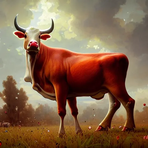 Image similar to many mushrooms sprouting from a cow's back. a cow with a red skin with white dots. highly detailed, digital painting, artstation, smooth, sharp focus, masterpiece, illustration, art by greg rutkowski and alphonse mucha