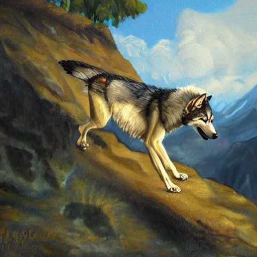 Image similar to a painting of a wolf hauling on top of a mountain