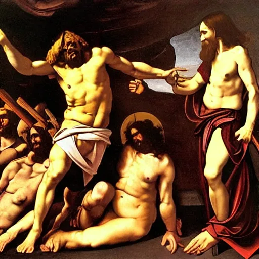 Image similar to Jesus Christ joining forces with Satan, God betrays humanity, Doom of mankind, Caravaggio