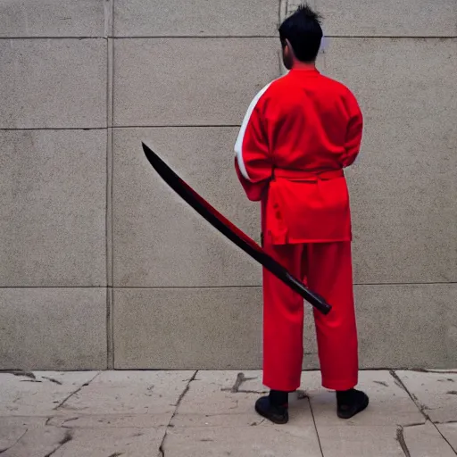 Image similar to man in red and white cloth holding a shing katana