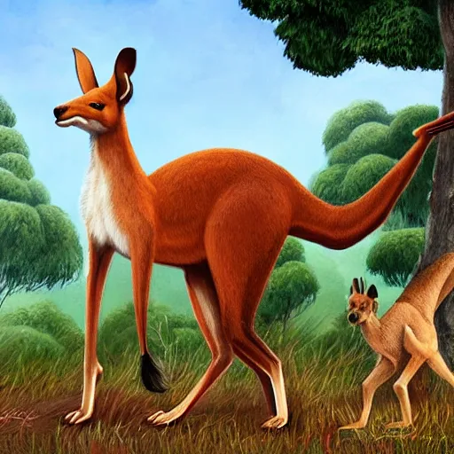 Image similar to a Muscular kangaroo and a Chinese rural dog look at each other, blue sky, garden, highly detailed, digital painting, concept art, sharp focus