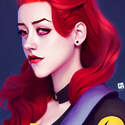 Prompt: a portrait of Lili Reinhart Batgirl comics, red hair, art by lois van baarle and loish and ross tran and rossdraws and sam yang and samdoesarts and artgerm, digital art, highly detailed, intricate, sharp focus, Trending on Artstation HQ, deviantart, unreal engine 5, 4K UHD image