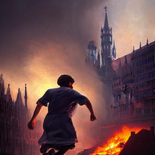 Image similar to a close view of a jewish rabi running away!!!, city of munich destroyed by a meteor!!!, rubble!!, fires!! hyperrealistic, highly detailed, cinematic, foggy light from fires, beautiful, cgssociety, artstation, 8 k, oil painting by greg rutkowski, by artgerm, by wlop