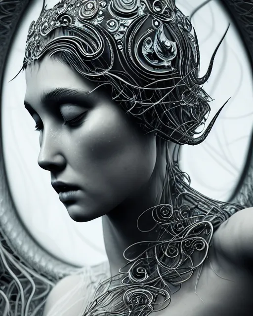 Image similar to mythical dreamy underwater black and white profile face portrait of translucent beautiful female angelic - medusa - vegetal, highly detailed, intricate crystal ivy jelly ornate, poetic, translucent algae ornate, digital art, octane render, 8 k artistic photography, photo - realistic, hg giger