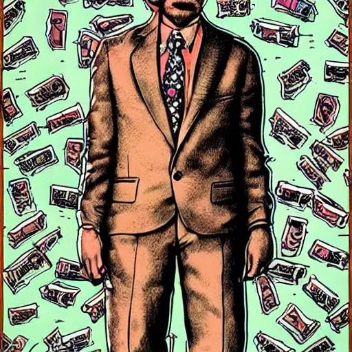 Image similar to The Artwork of R. Crumb and his Cheap Suit Breaking-Bad-Jesse-Pinkman, pencil and colored marker artwork, trailer-trash lifestyle