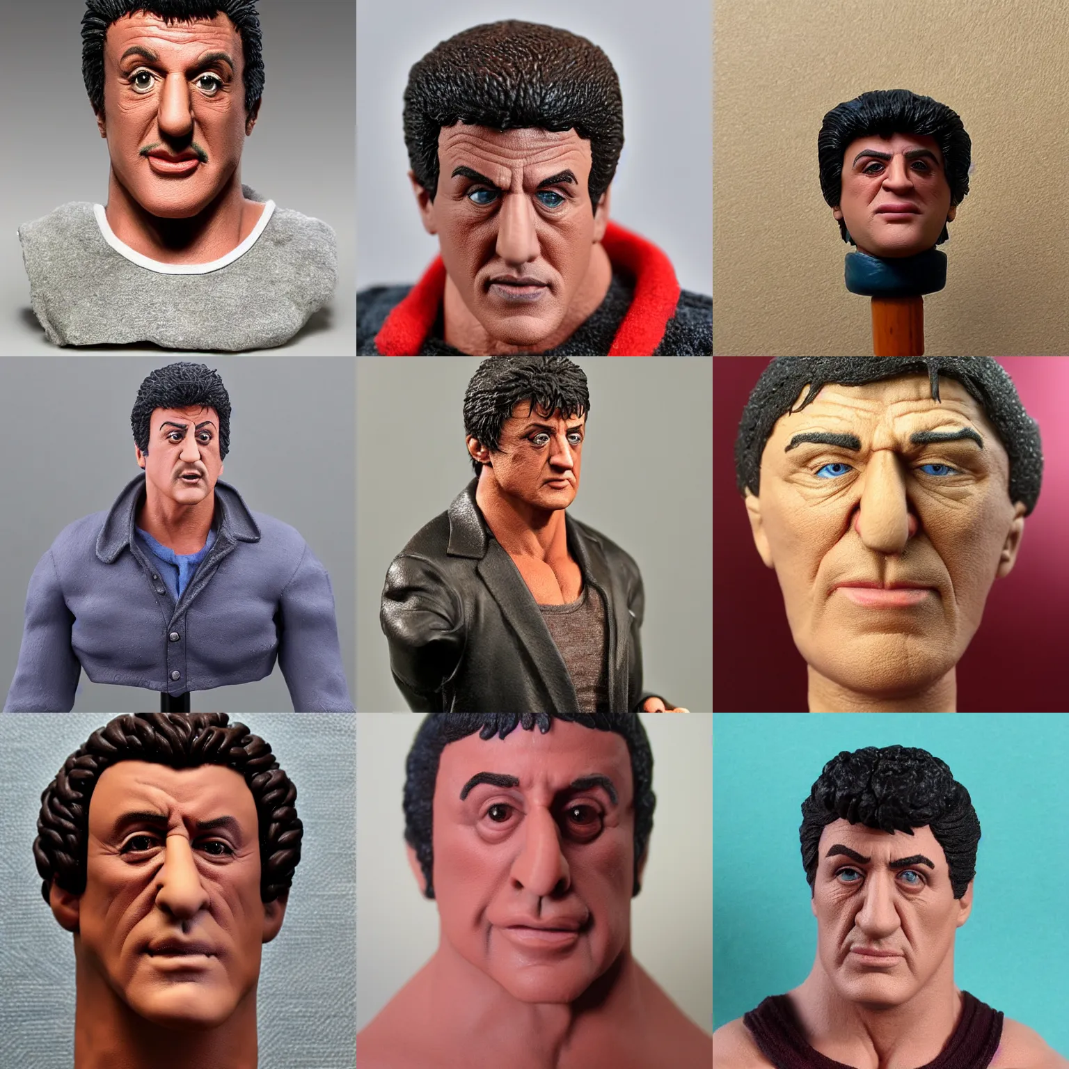 Prompt: rocky sylvester stallone! clay! close detailed sculpted head , style: professional claymation puppet clay , by guldies