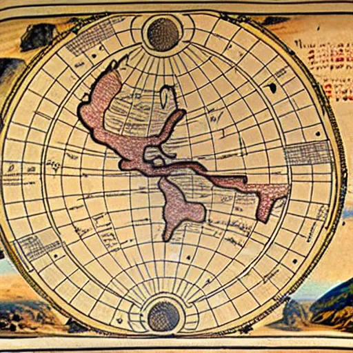 Image similar to detailed map of a planet teeming with ancient history, printed on parchment, 8 k