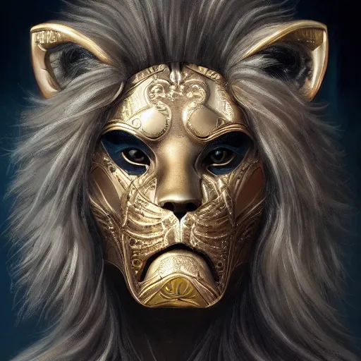 Image similar to Very very very very highly detailed epic zoom out photo of full face with lion rockstar venetian mask, intricate, dystopian, sci-fi, extremely detailed, digital painting, artstation, concept art, smooth, sharp focus, illustration, intimidating lighting, incredible art by Artgerm and Vincent di Fate