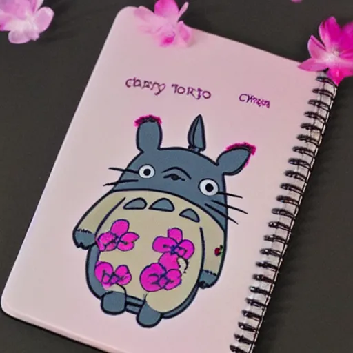 Prompt: totoro in a cherry blossom park on a notebook