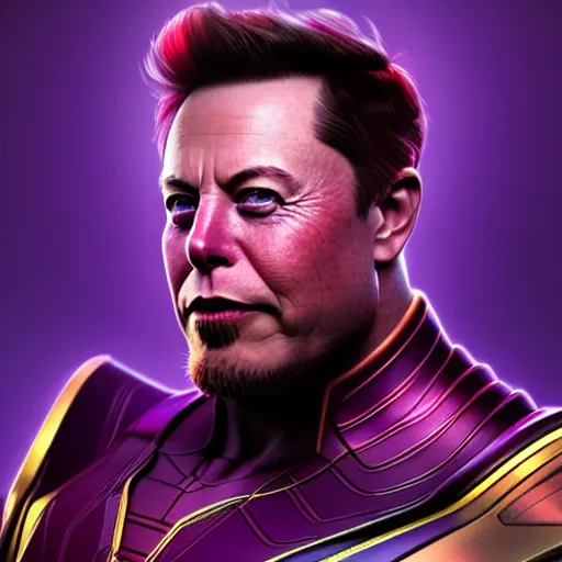 Image similar to a portrait of elon musk as thanos, the pixar adaptation, with same hairstyle, hyper detailed, digital art, trending in artstation, cinematic lighting, studio quality, smooth render, unreal engine 5 rendered, octane rendered