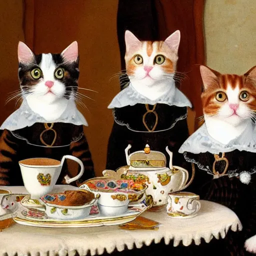 Prompt: two calico cats and one tabby cat attend a fancy english tea party, flickr explore