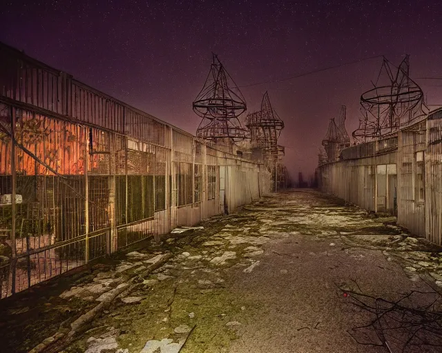 Image similar to national geographic color photo of the city of pripyat at night, long shutter