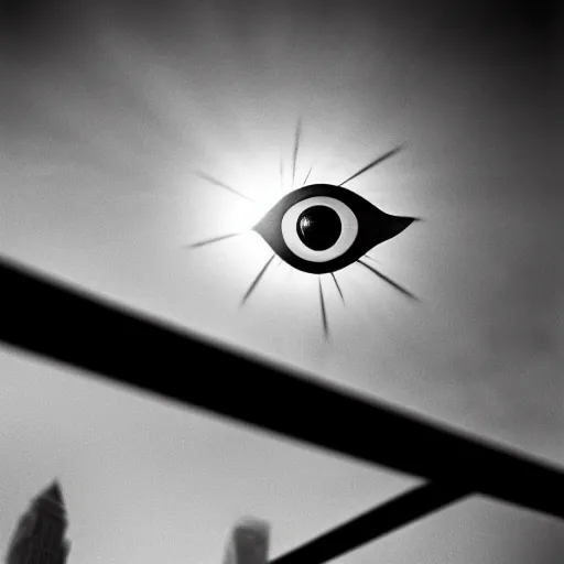 Image similar to an all - seeing eye floating in the sky over a city, high contrast, low key, black and white, newspaper, film grain
