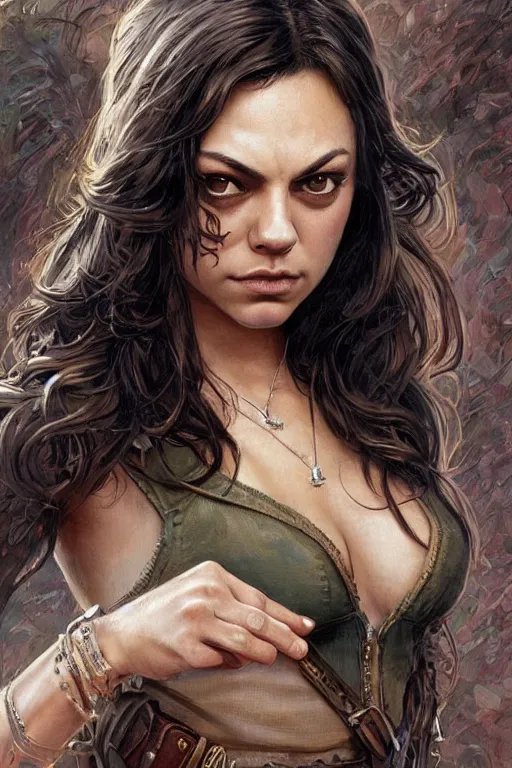 Image similar to tough Mila Kunis as a ruggedly handsome heroine, intricate, elegant, highly detailed, centered, artstation, concept art, smooth, sharp focus, illustration, bokeh art by artgerm and donato giancola and Joseph Christian Leyendecker, WLOP