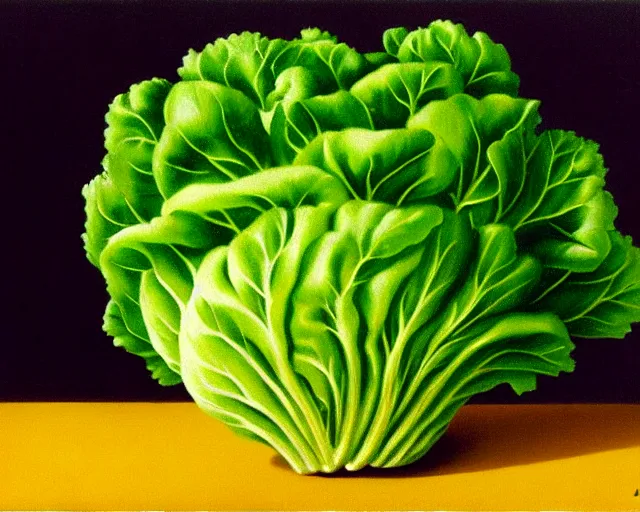Image similar to a magritte painting of a head of lettuce
