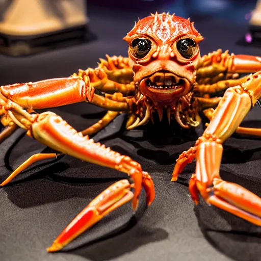 Image similar to photo taken of an epic intricate, ultra detailed, super realistic sculpture of a wet slimy nightmarish hellish demonic dead human head sprouting crab legs animatronic on display in a workshop, created by weta workshop, photorealistic, sharp focus, f 0. 4, face centred, macro photography, golden ratio, golden hour