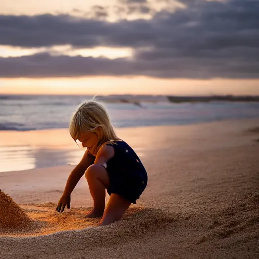 Prompt: little blond girl, making a sandcastle!!! on an Australian Beach, red!!! sand, golden hour, Canon EOS R3, f/1.4, ISO 200, 1/160s, 8K, RAW, unedited, symmetrical balance, in-frame