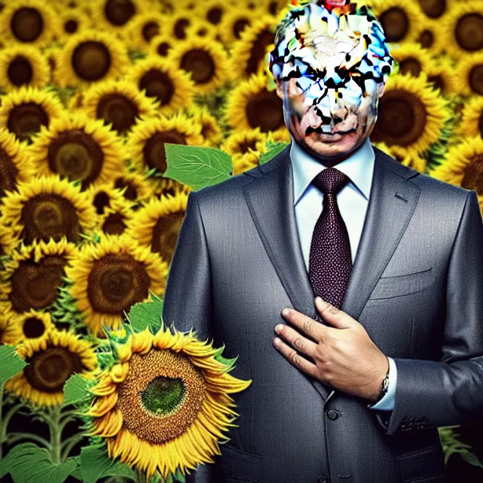 Prompt: photo portrait of Vladimir Putin - sunflowers - dressed in leisure shirt with ornamental ethereal sunflower pattern, natural skin tone, highly detailed realistic flowers ornament on the shirt, raging war and explosions in the background, eyebrows are intricate and highly detailed, elegant, Realistic, Refined, Highly Detailed, natural soft pastel lighting colors scheme, fine art photography by Cecil Beaton, volumetric lighting, hyper realistic photography