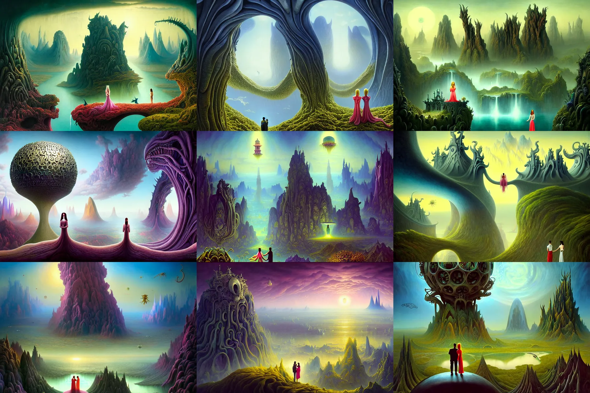 Prompt: a beautiful epic stunning amazing and insanely detailed matte painting of alien dream worlds with surreal architecture designed by Heironymous Bosch, a couple holds hands watching the landscape, mega structures inspired by Heironymous Bosch's Garden of Earthly Delights, vast surreal landscape and horizon by Cyril Rolando and Andrew Ferez and Alphonse Mucha, rich pastel color palette, masterpiece!!, grand!, imaginative!!!, whimsical!!, epic scale, intricate details, sense of awe, elite, fantasy realism, complex composition, 4k, 8k, HD, wallpaper, octane render, artstation