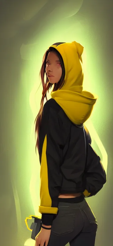 Image similar to a vtuber model concept art of a beautiful girl in a black and yellow hoodie, front view typing in an iphone, artstation, digital art, commission art, style by jordan grimmer and greg rutkowski, 4 k resolution