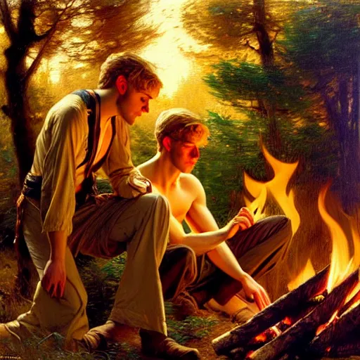 Image similar to attractive blonde male and attractive brunet male, in the woods near the fire. highly detailed painting by gaston bussiere, craig mullins, j. c. leyendecker 8 k